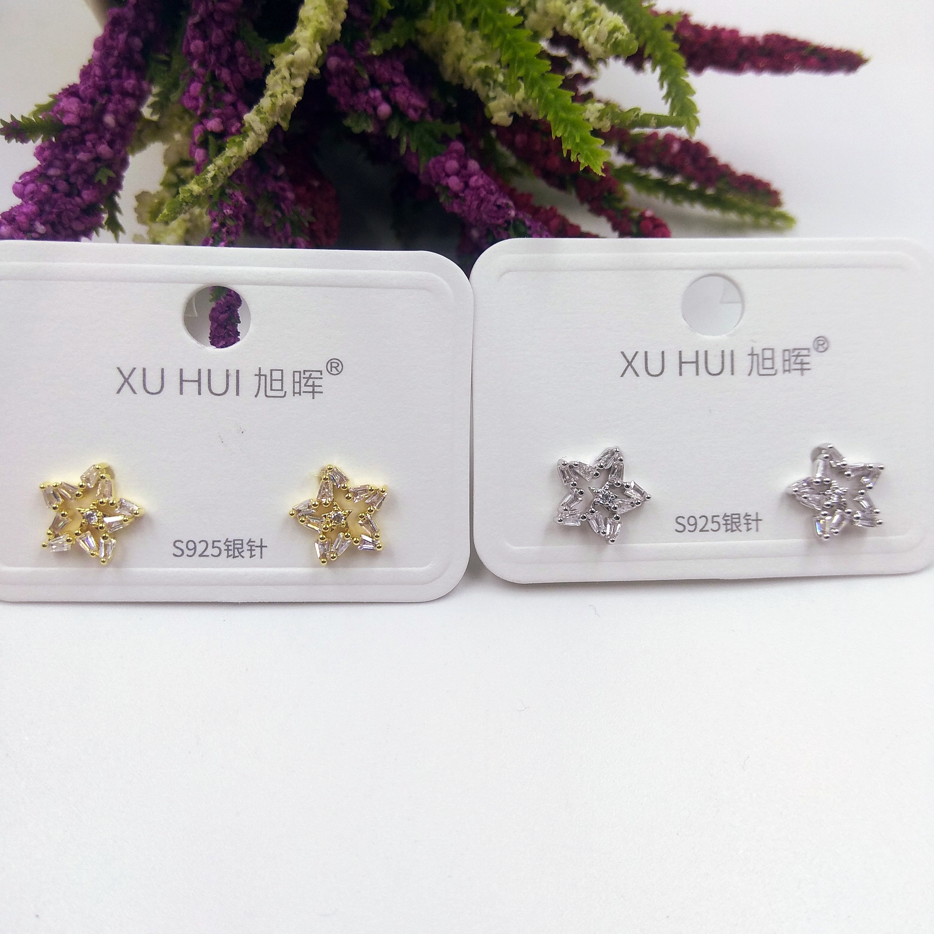 S925银针 五角星小耳钉 铜镀真金镶4A锆石 简约时尚高品质饰品