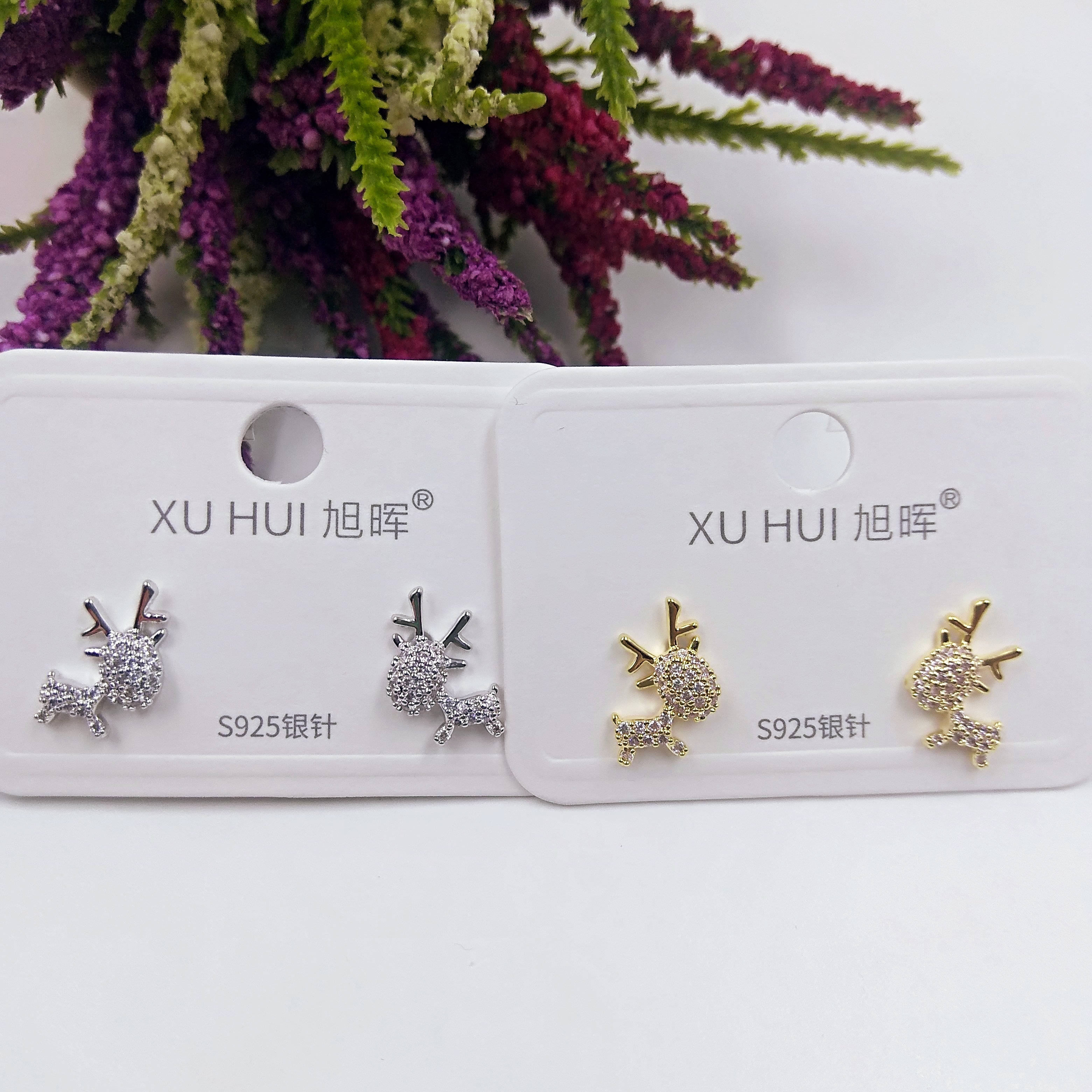 S925银针 梦麋鹿小耳钉 铜镀真金镶4A锆石 简约时尚高品质饰品