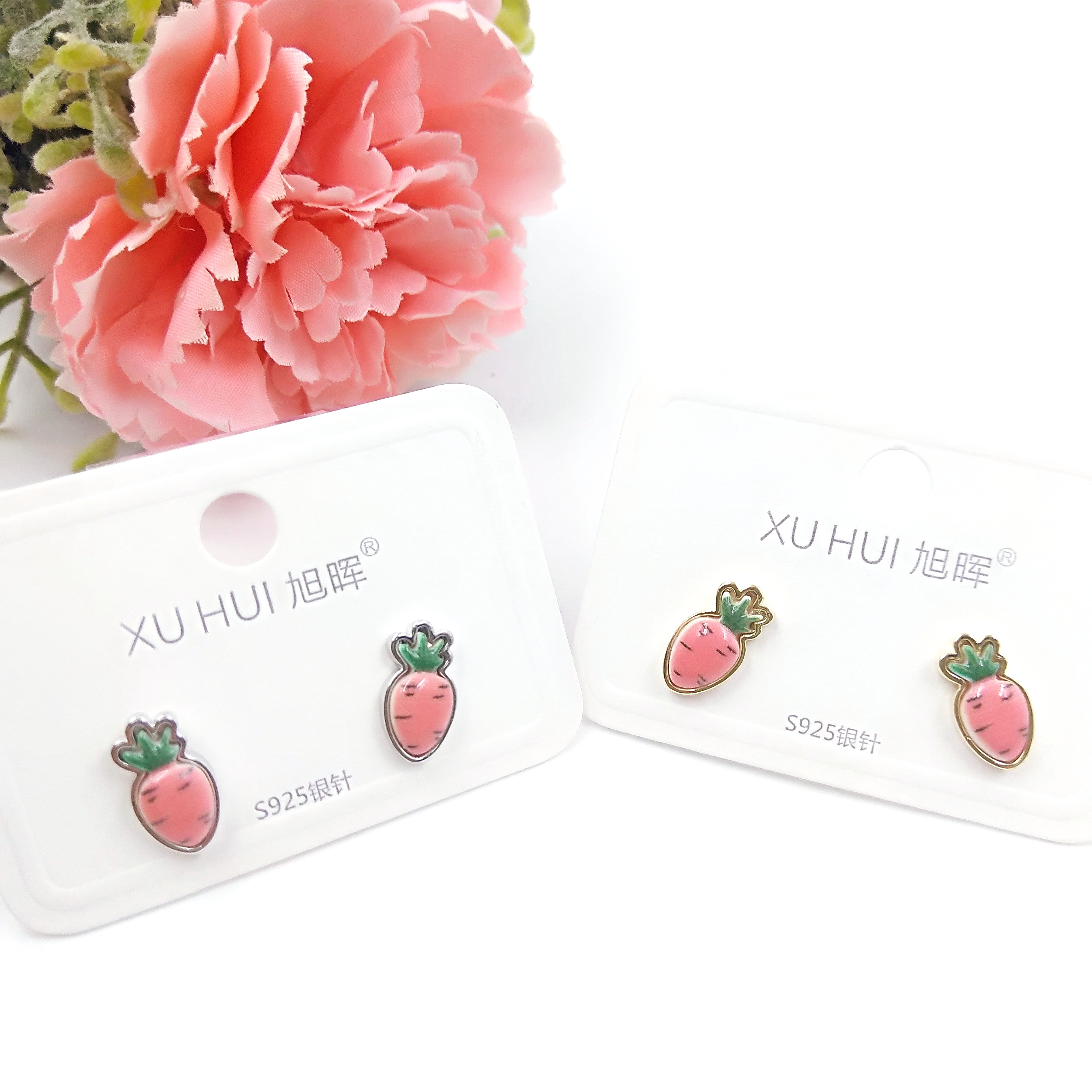 S925银针 胡萝卜小耳钉 铜镀真金镶4A锆石 简约时尚高品质饰品