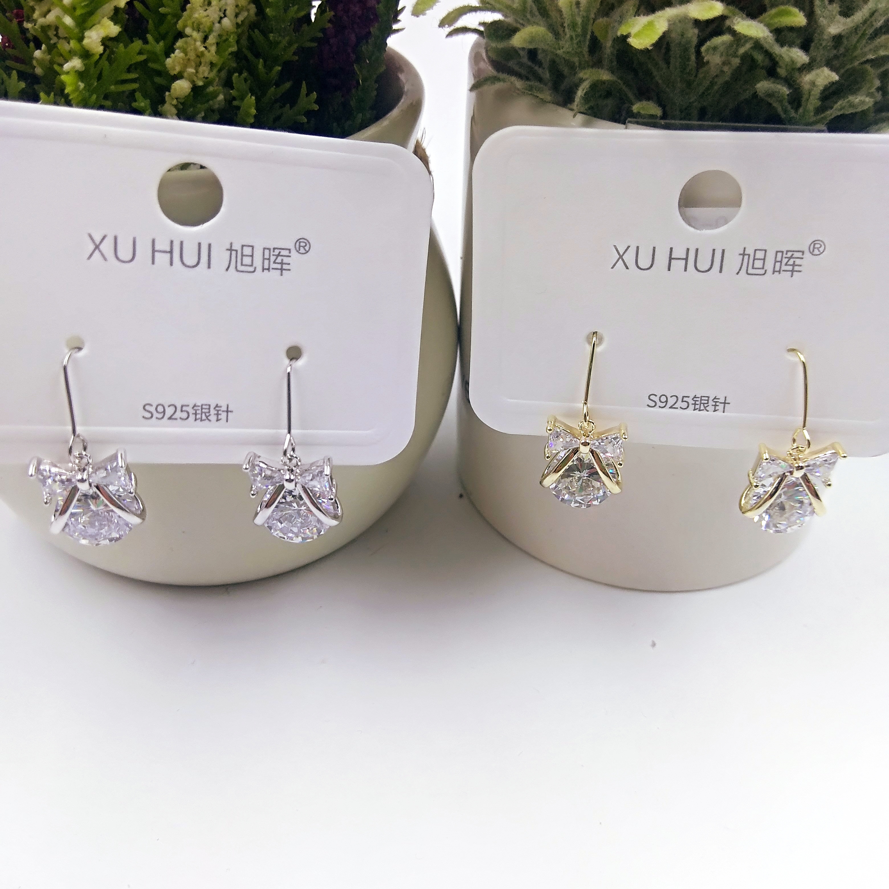 S925银针 晶透水钻小耳坠 铜镀真金镶4A锆石 简约时尚高品质饰品