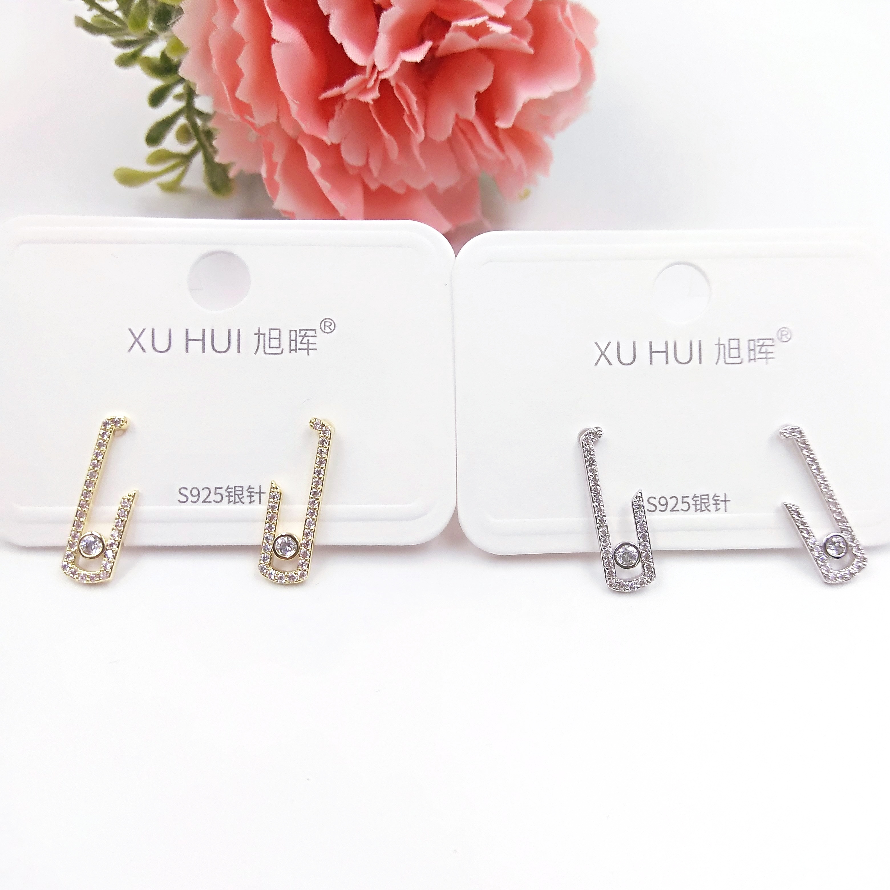 S925银针 扣针小耳钉 铜镀真金镶4A锆石 简约时尚高品质饰品