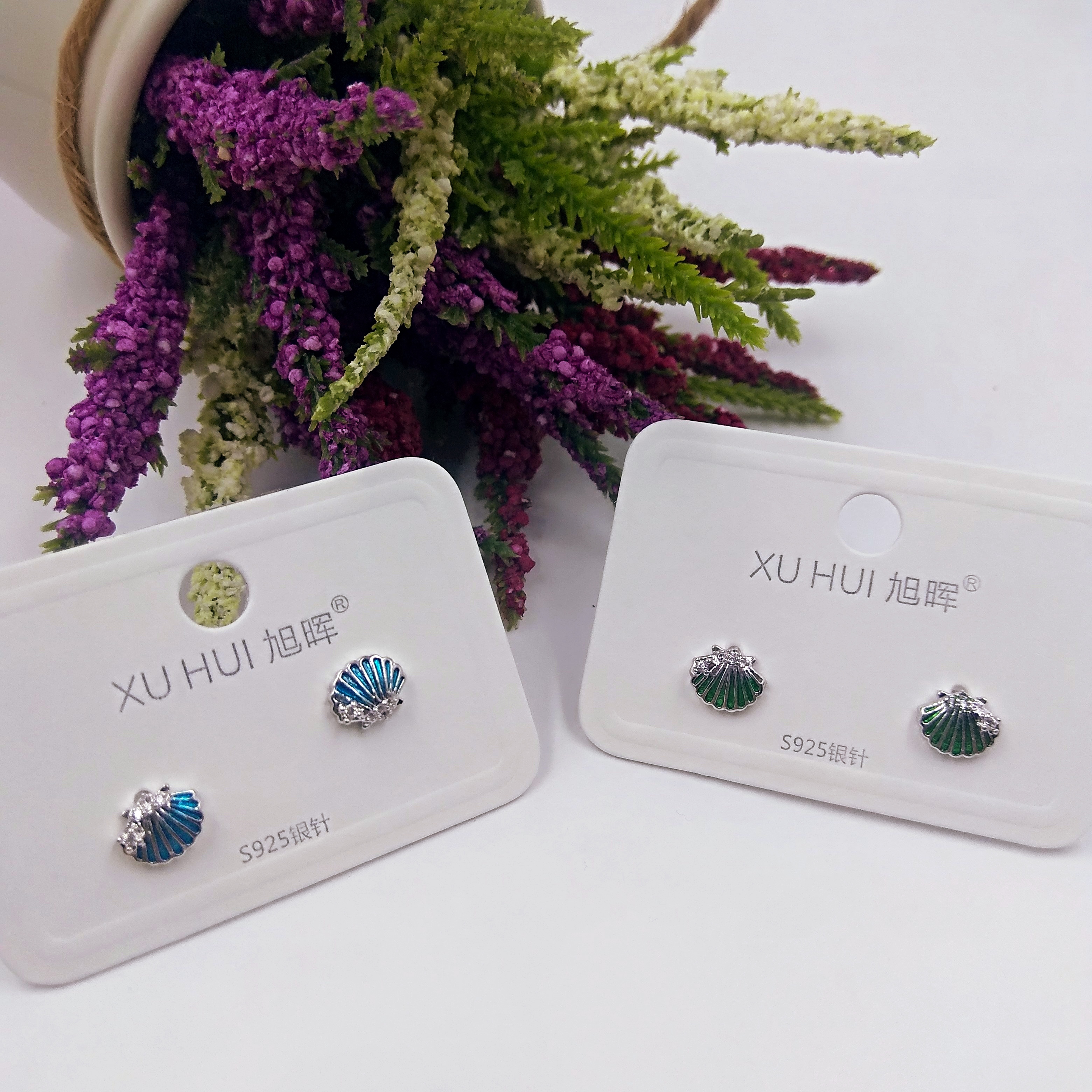 S925银针彩贝小耳钉 铜镀真金镶4A锆石 简约时尚高品质饰品