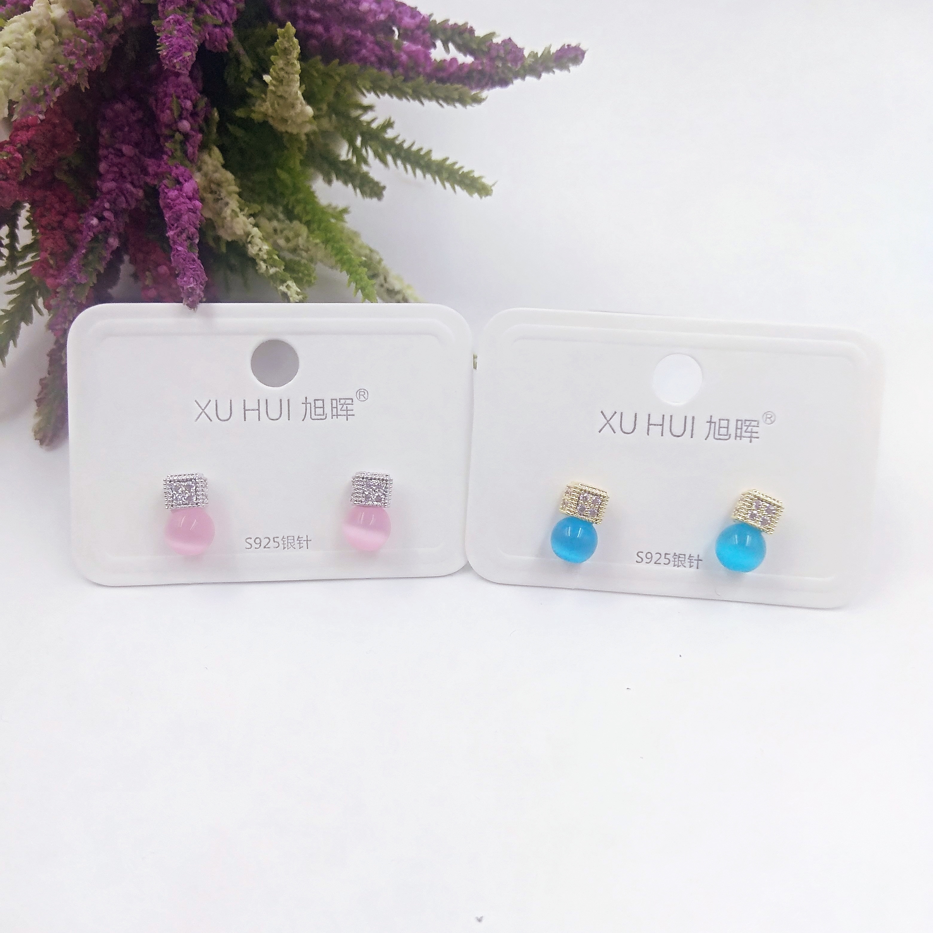 S925银针 彩珠小耳钉 铜镀真金镶4A锆石 简约时尚高品质饰品