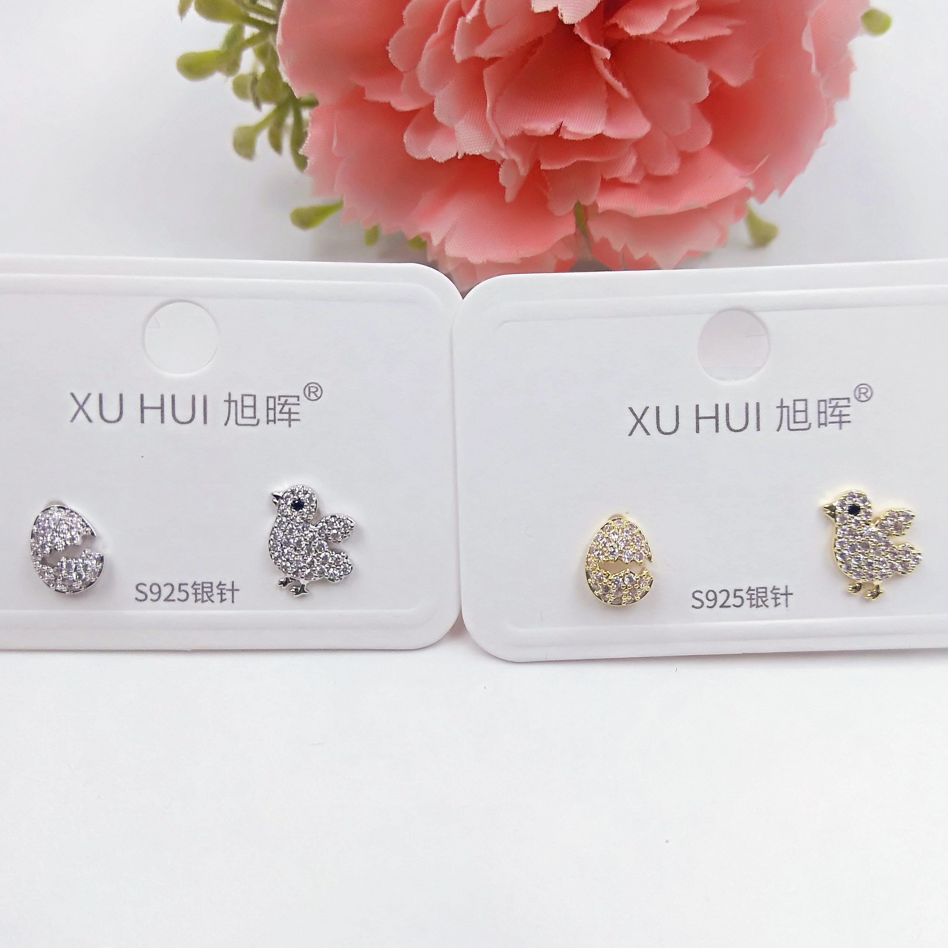 S925银针 鸟蛋小耳钉 铜镀真金镶4A锆石 简约时尚高品质饰品