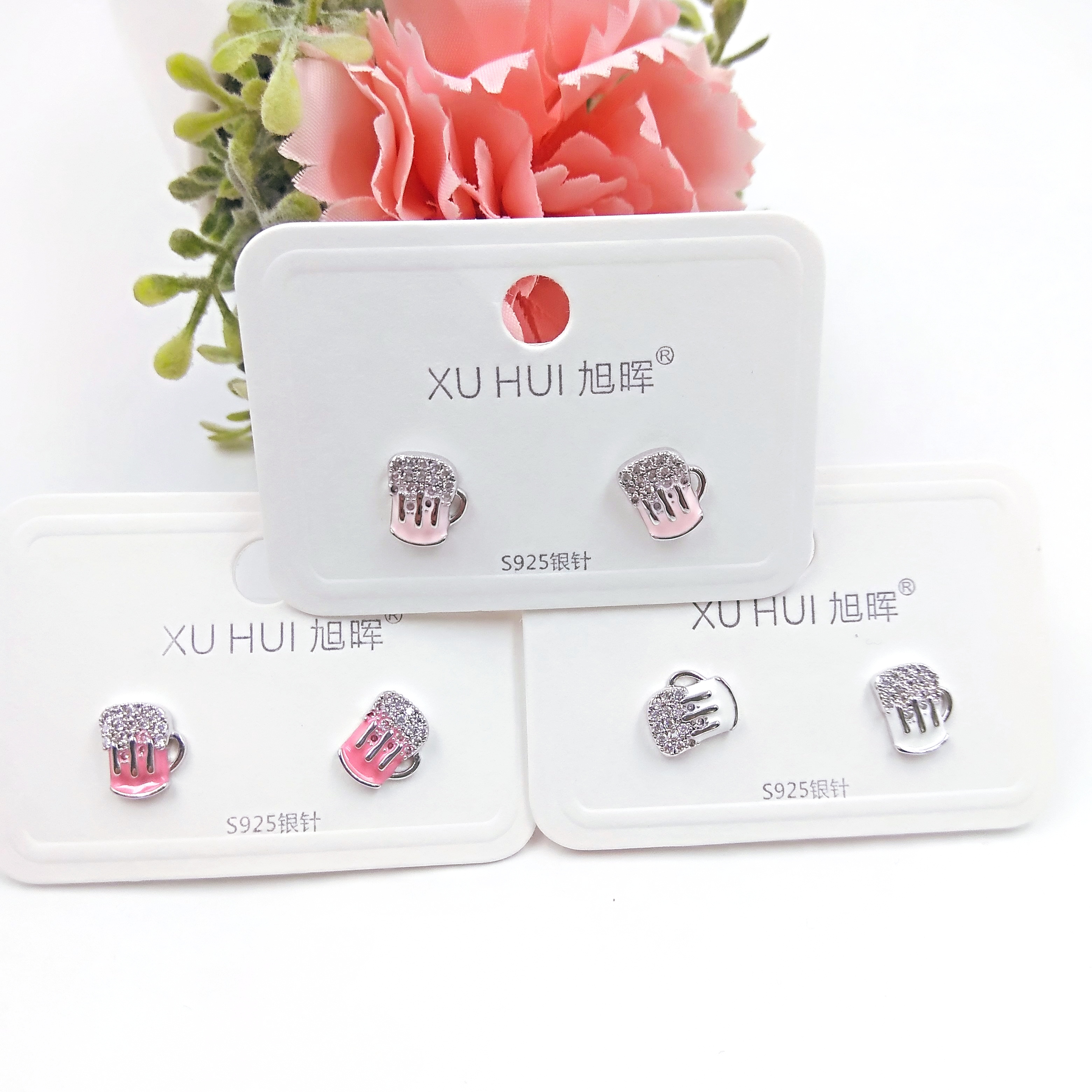 S925银针 啤酒杯小耳钉 铜镀真金镶4A锆石 简约时尚高品质饰品