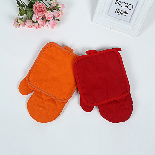 High Temperature Resistant Baking Heat Insulation Gloves Simple Fashion Solid Color Oven Canvas Gloves Two-Piece Set Factory Direct 