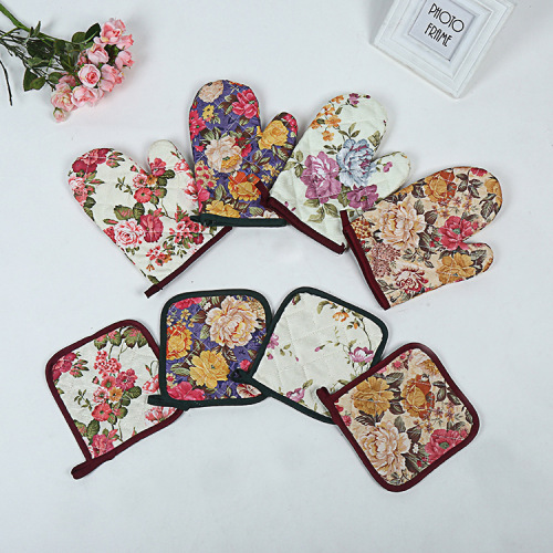 new ethnic style printing anti-scald high temperature resistant microwave oven baking gloves multi-functional thickened gloves wholesale