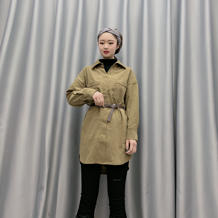 衬衫连衣裙女2020春季新款复古宽松收腰显瘦中长款系腰