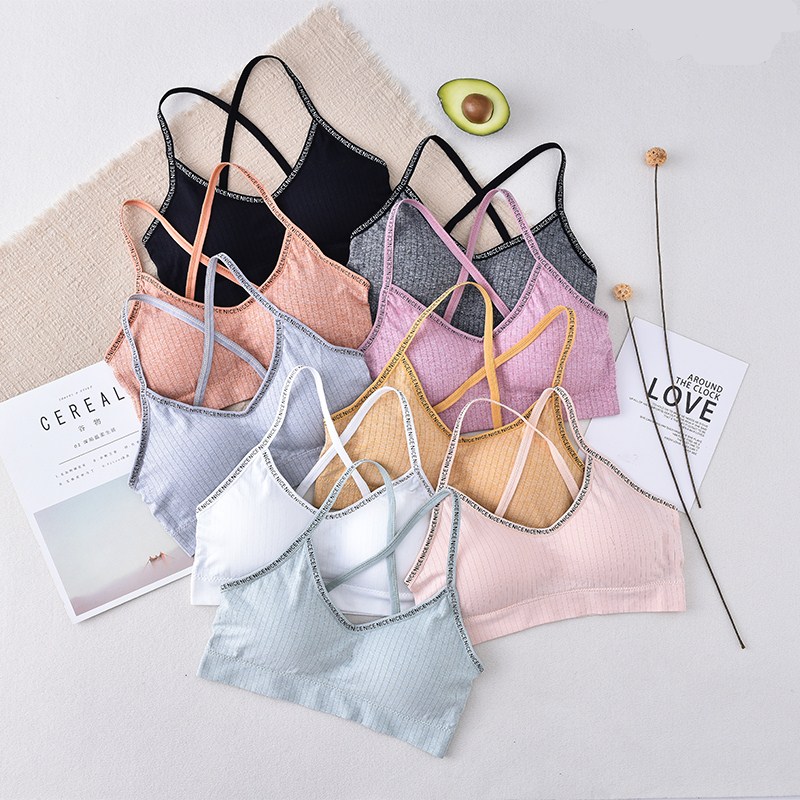 新款无缝英文带交叉舒适美背 时尚裸安字母肩带无钢圈运动文胸