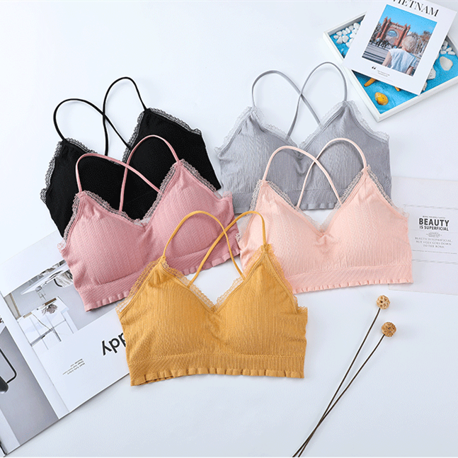 新款蕾丝无缝裹胸交叉美背内衣百搭时尚性感无钢圈女士背心