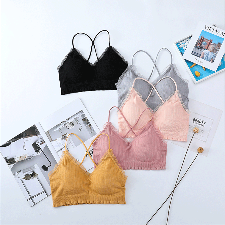 一片式无缝单交叉无钢圈运动美背 蕾丝边抹胸防走光吊带打底裹胸