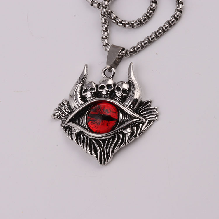 跨境饰品创意牛角骷髅红蓝黄眼睛吊坠合金项链男 孟宇饰品