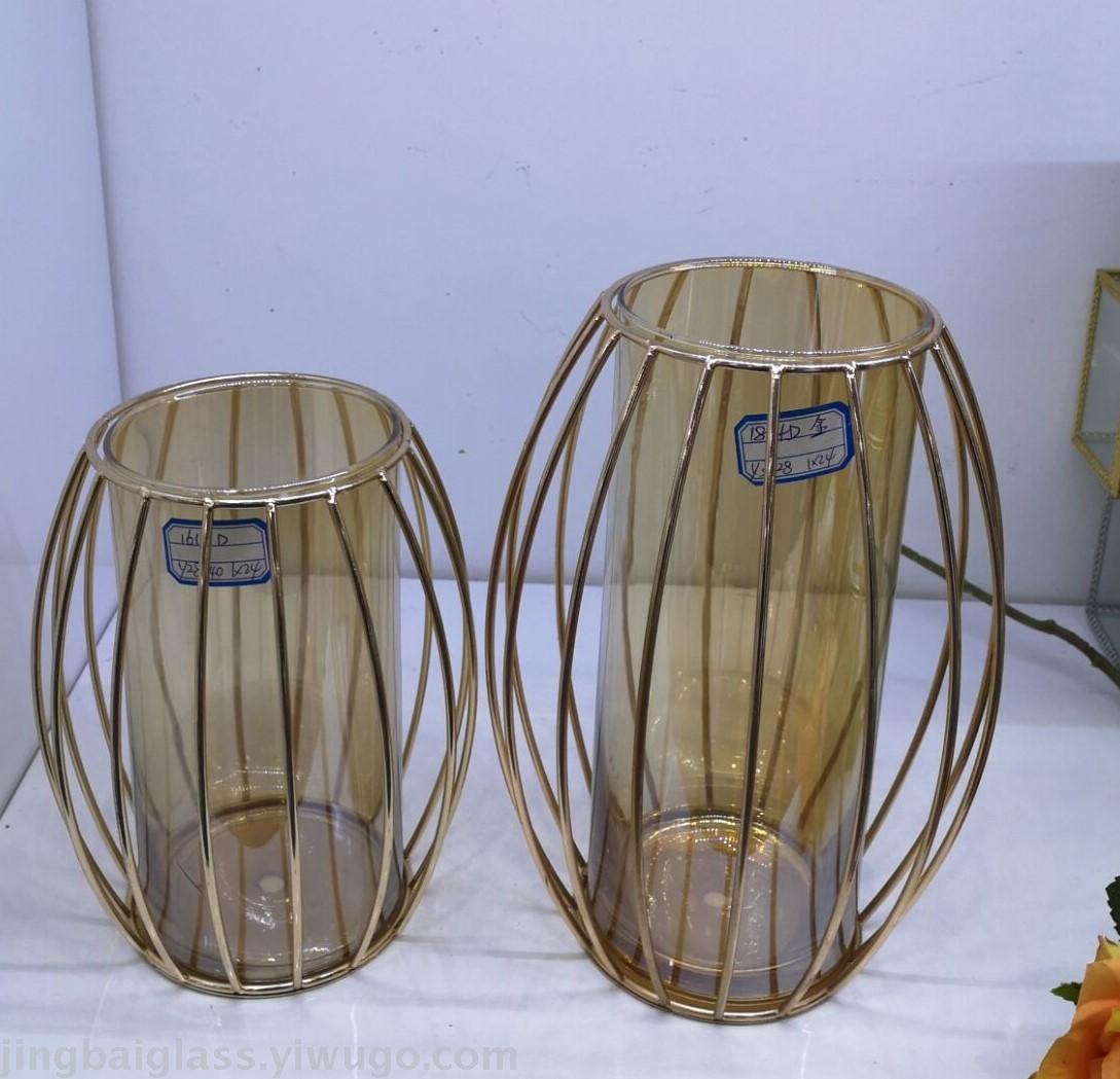 北欧简约几何玻璃透明水培花器干花插花器铁艺花瓶客厅装饰品摆件