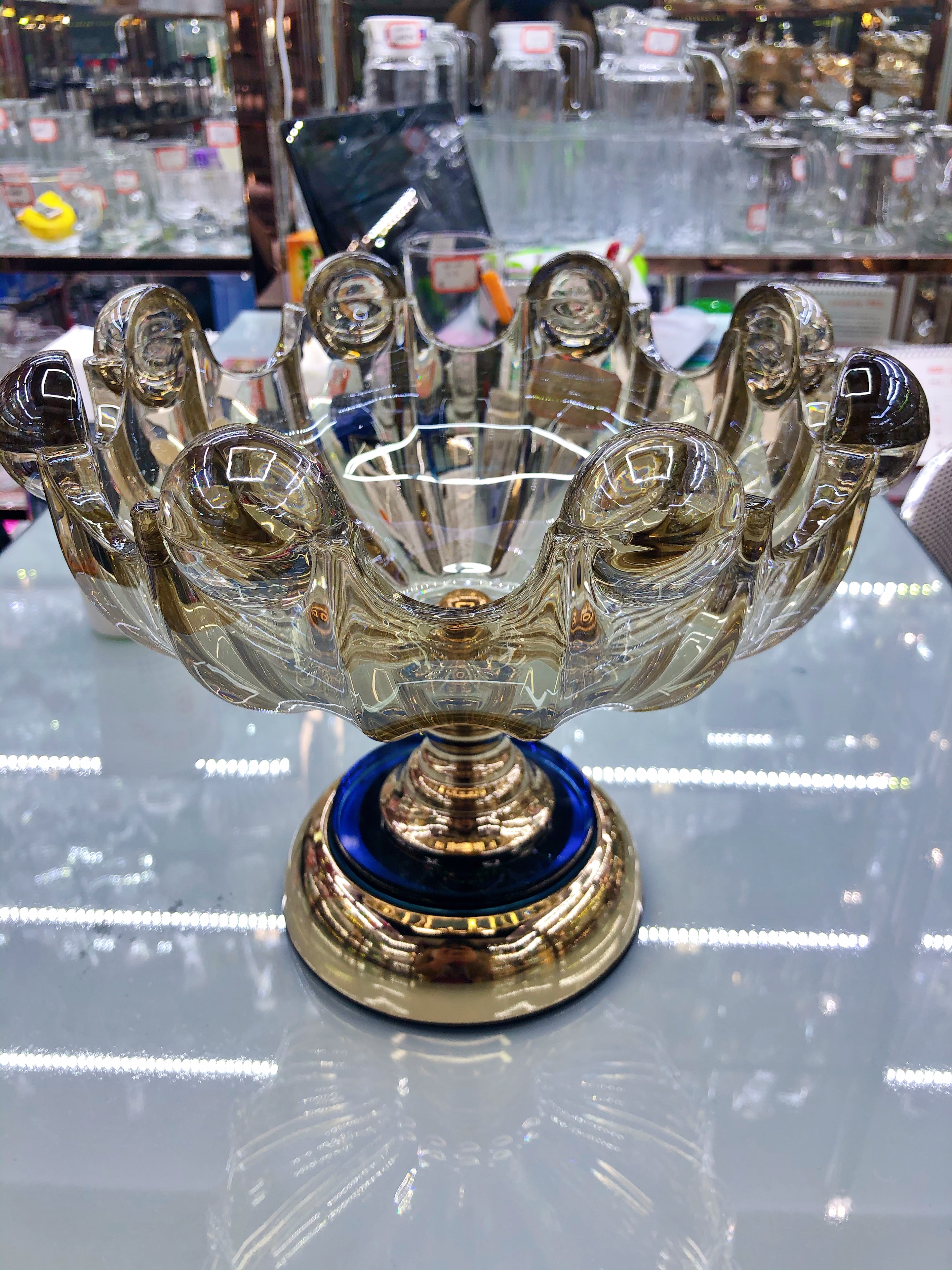 2020新款果盘欧式复古玻璃水果盘果斗 金属底座新款造型玻璃盘