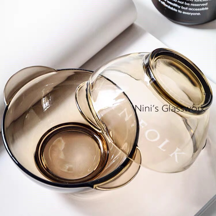 3件套北欧茶色玻璃碗米饭碗双耳沙拉碗麦片碗甜品碗家用包邮