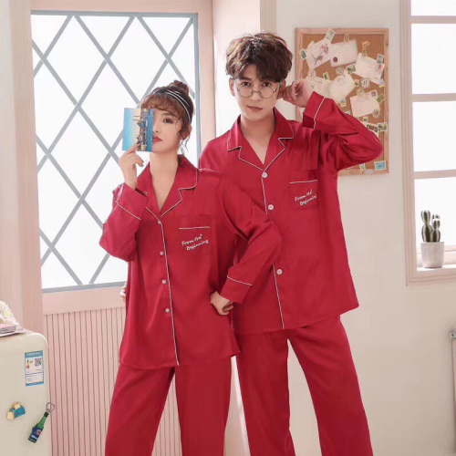 Couple Pajamas Spring， Summer， Autumn Two-Piece Suit Small Fresh Cardigan Big Brand Artificial Silk Home Wear