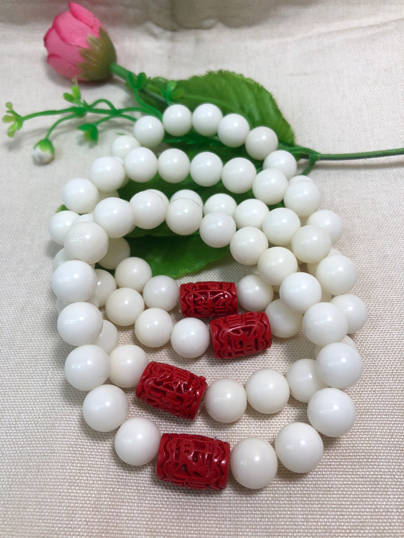 天然白菩提1.0圆珠隔朱砂手珠：财源滚滚佛珠手链饰品礼品