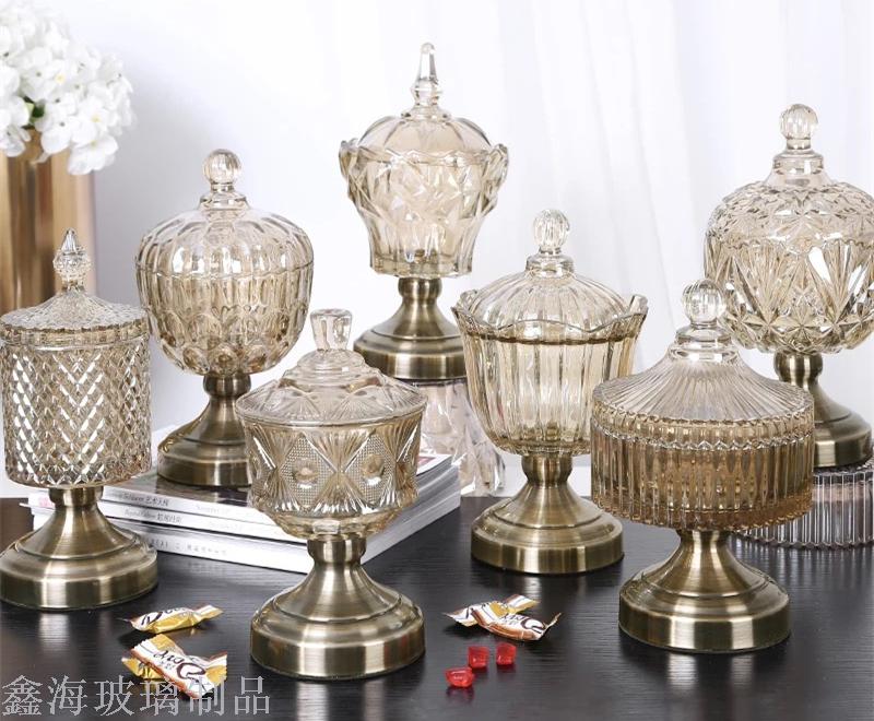 糖缸糖罐饼干罐加厚玻璃欧式糖果罐金属底座玻璃罐带盖子出口糖缸