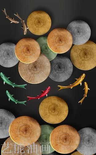 现代简约抽象轻奢风 晶瓷 冰晶 装饰画 九鱼图  手绘油画金色年轮