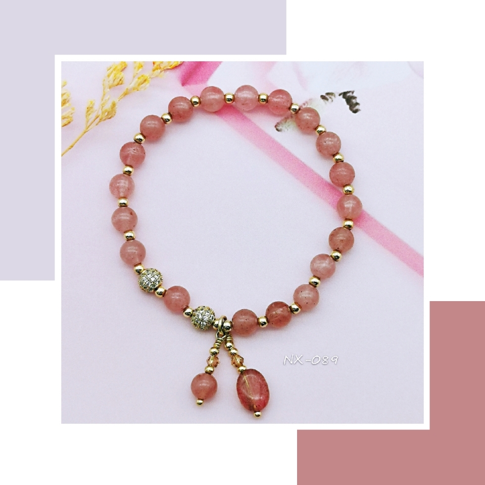 天然石水晶女手链草莓晶招桃花闺蜜转运珠18K金韩版简约多宝手串