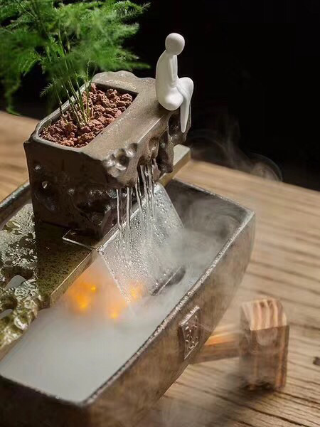 芸亭工艺禅意多功能流水生财摆件雾化器绿植手工莲花线香装饰