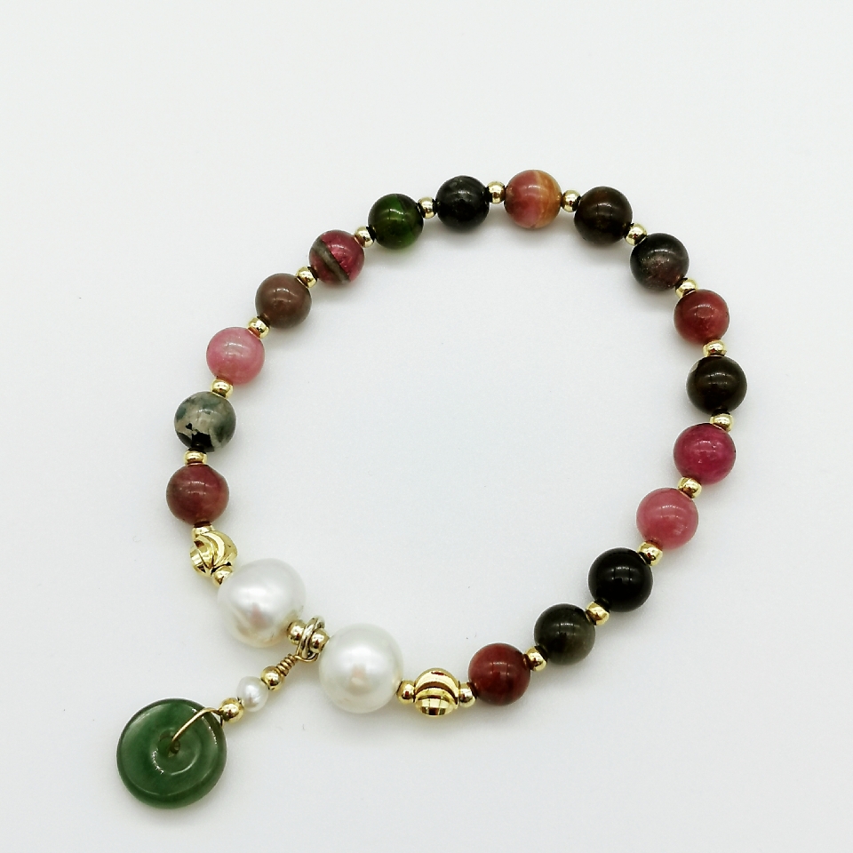 天然碧玺珍珠手链女14K包金玉石缘牌闺蜜单层手串转运珠首饰礼物