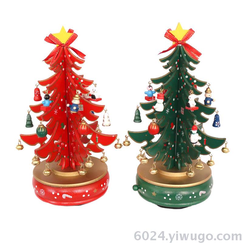 厂家直销圣诞装饰品木质三片圣诞树八音盒机芯圣诞树装饰品