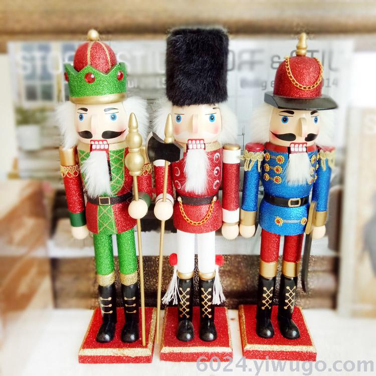 厂家直销圣诞装饰品 38CM木质胡桃夹子桌面装饰摆件亮粉款