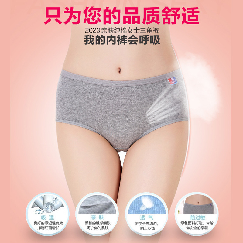 新款女士纯棉内裤中腰女式三角内裤胖mm大板型纯色全棉内裤