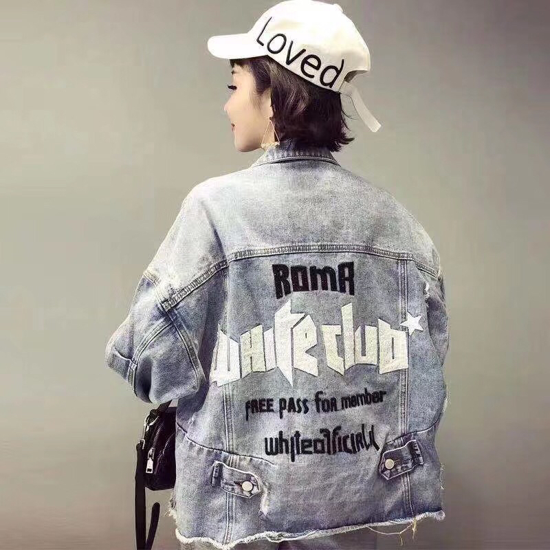 欧洲站2019春装新款欧货重工后背刺绣牛仔衣女磨破毛边牛仔外套潮