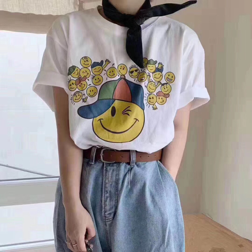 欧洲站春夏2020女装新款休闲短袖百搭笑脸卡通印花圆领上衣T恤潮