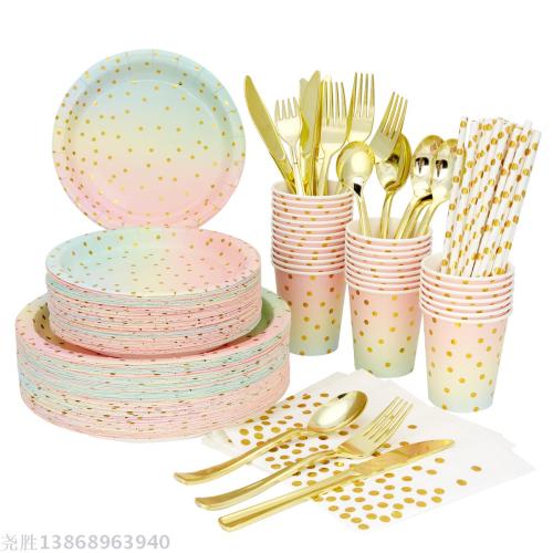 step into amazon colorful series party banquet disposable hotel paper plate paper cup napkin knife， fork and spoon set