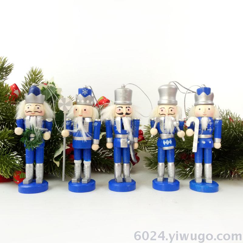 厂家直销圣诞用品12.5CM木质银蓝色胡桃夹子套五桌面装饰摆件