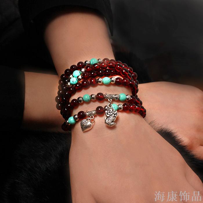 地摊夜市零售直播赠品仿玛瑙酒红石榴石手链女士饰品三层手链