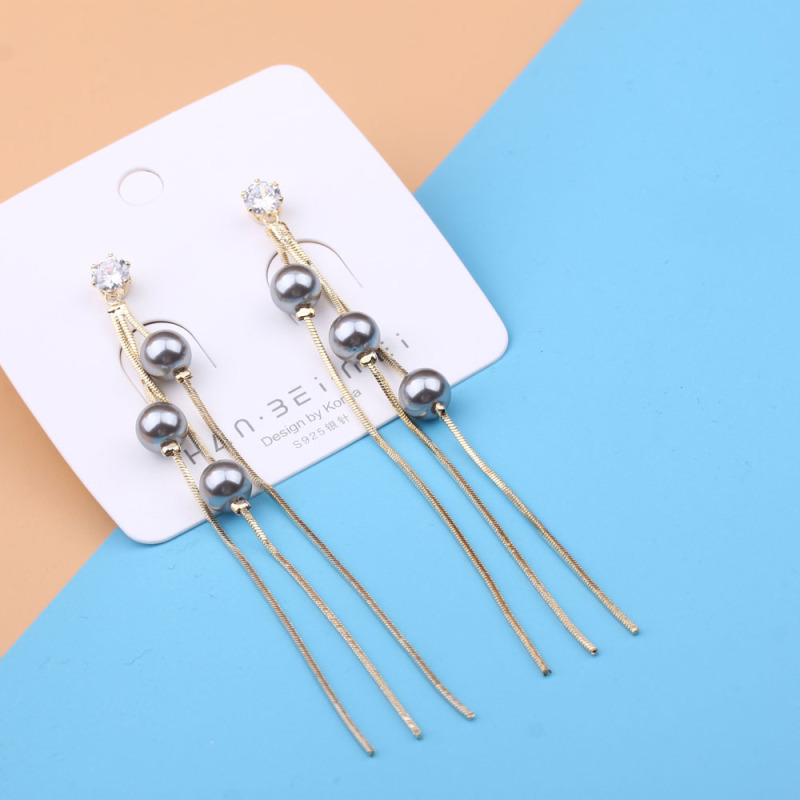 Pudding Station Boutique, trendy and popular long tassel pearl stud earrings, feminine charm earrings, and exaggerated and unique earrings pic 1