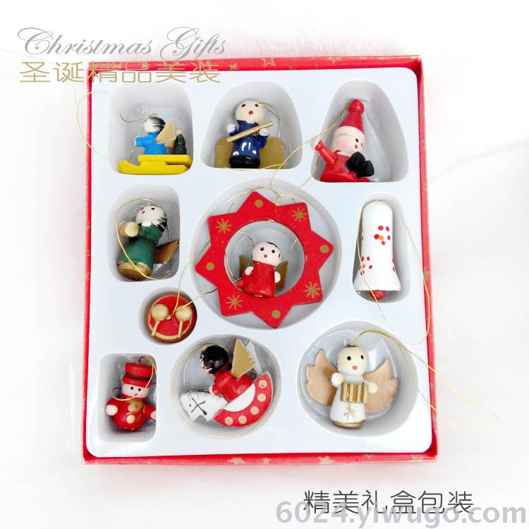 厂家直销圣诞装饰吊饰4CM盒装套10木质木偶挂件