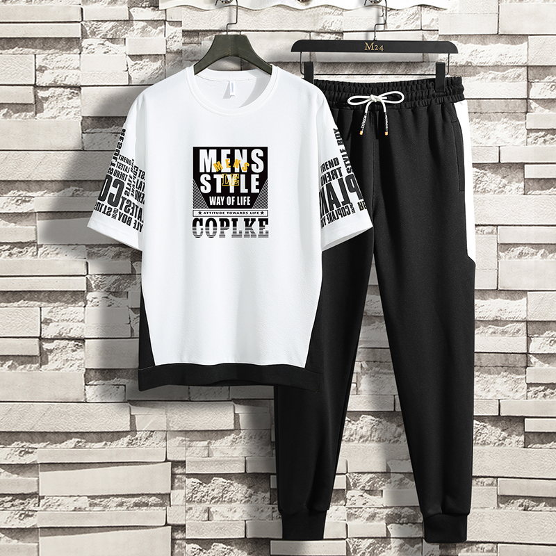 夏季套装男2020新款潮流衣服 男士青少年短袖t恤 男装t恤套装长裤