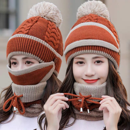 Parent-Child Three-Piece Adult Hat. Scarf Mask Fleece Padded Knitted Hat