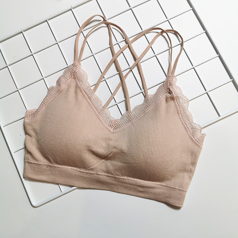 新款无缝美背双交叉蕾丝背心一片式聚拢无痕运动打底衫