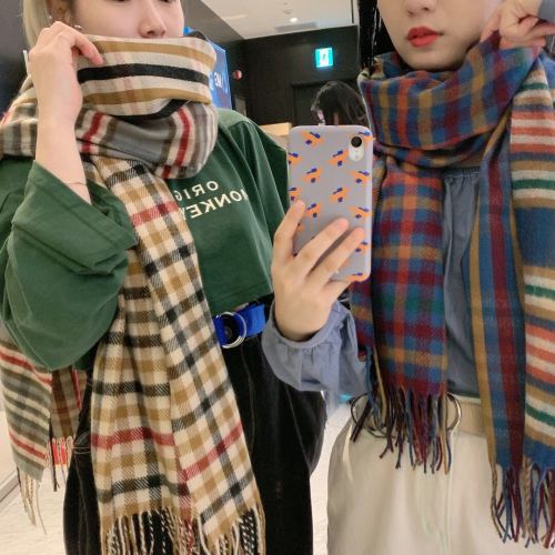 british retro plaid scarf women‘s autumn and winter all-matching cashmere korean style student warm scarf dual-purpose shawl