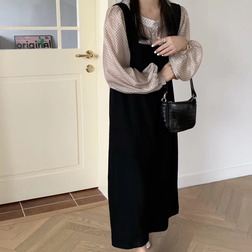 春装2020年新款女背带裙秋两件套装气质连衣裙子仙女超仙森系法式