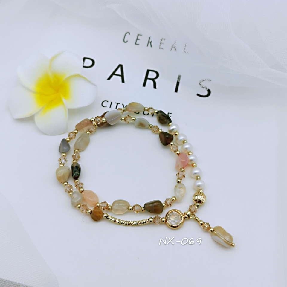 天然玛瑙石天然淡水珍珠闺蜜礼物手链14K包金手链