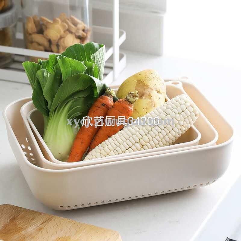 A three-piece set of rectangular kitchen fruit and vegetable storage baskets and draining baskets pic 3