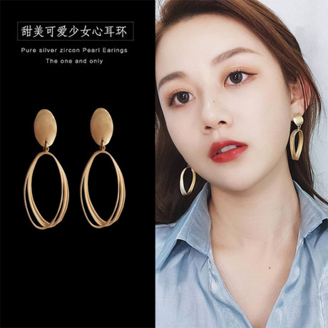 S925银针长款几何椭圆耳坠简约哑光女欧美冷淡风个性网红耳环潮女