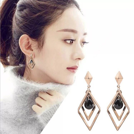 s925纯银针韩国东大门气质百搭精致微镶锆石几何菱形耳环耳坠新款