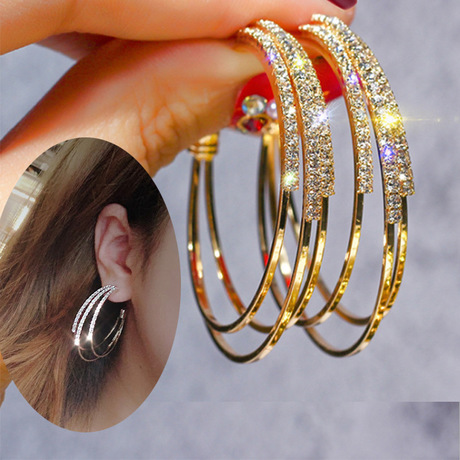 欧美饰品新款创意圆形满钻金色夸张耳环镀金镶嵌水钻S925银针耳环