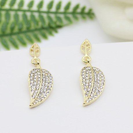 S925银针一件代发耳坠树叶耳环女防过敏批发闪亮叶子水钻镶钻耳钉