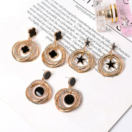 星星耳环多层闪钻金属圆圈耳环批发S925银针韩国气质耳坠耳饰品厂