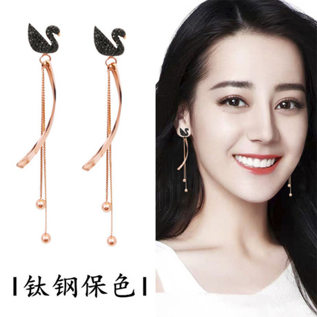 S925银针防过敏钛钢菱形方块圆形四叶草黑天鹅蝴蝶流苏长款耳环女