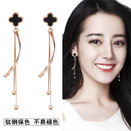 S925银针防过敏钛钢菱形方块圆形四叶草黑天鹅蝴蝶流苏长款耳环女
